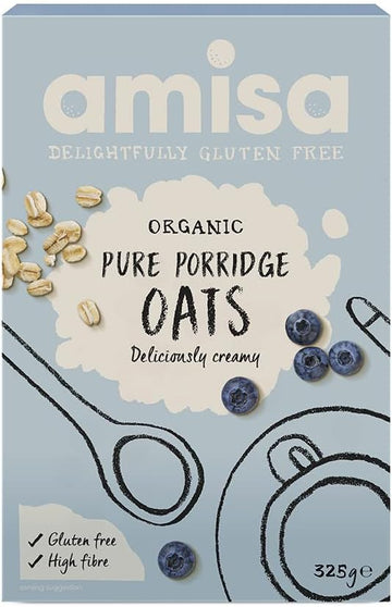 Amisa Organic Gluten-Free Porridge Oats 325G, Pack Of 6 - Pure Wholegrain & High In Fibre - Naturally Vegan Breakfast Cereal