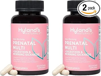 Hyland'S Easy Morning Prenatal Multivitamin + Digestive Health & Morning Sickness Relief - 60 Vegan Capsules - With Folate, Choline, Zinc, Ginger Root, Prebiotics And Algae Dha (Pack Of 2)