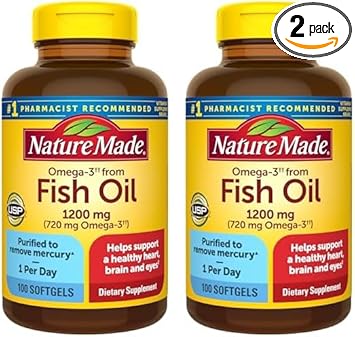 Nature Made Omega 3 Fish Oil 1200 Mg, Fish Oil Supplements As Ethyl Esters, Omega 3 Fish Oil For Healthy Heart, Brain And Eyes Support, One Per Day, Omega 3 Supplement With 100 Softgels (Pack Of 2)