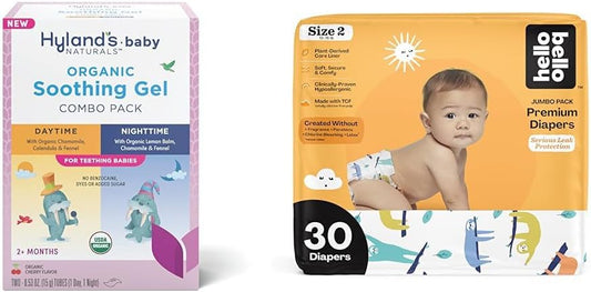 Hyland's Baby - Organic Day/Night Soothing Gel Combo Pack, Natural Relief of Oral Discomfort (2 Tubes of 0.53 oz.) + Hello Bello Premium Baby Diapers Size 2, 30 Count : Baby