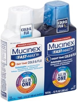 Mucinex Fast-Max Day Time Cold & Flu and Night Time Cold & Flu Liquid Medicine, 12 fl oz, Maximum Strength All in One Multi Symptom Relief for Congestion, Sore Throat, Headache,Cough and Reduces Fever