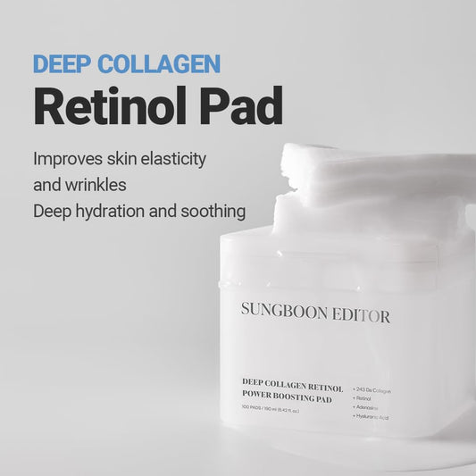 Sungboon Editor Deep Collagen Retinol Power Boosting Pads | Korean Toner Pads With Collagen & Retinol For Anti-Aging | Anti-Wrinkle Care & Cooling Hydration | Face & Neck Mask (100Pads)