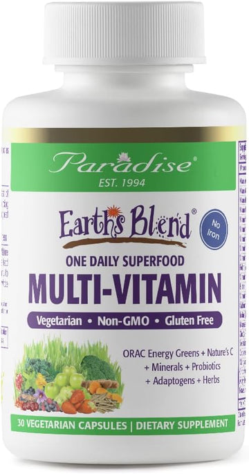 Paradise Herbs Earth'S Blend Once Daily Multivitamin For Men, No Iron, 48 Organic Superfoods, Probiotics, Antioxidants, Vitamins A, B12, C, D, K2, 30 Count