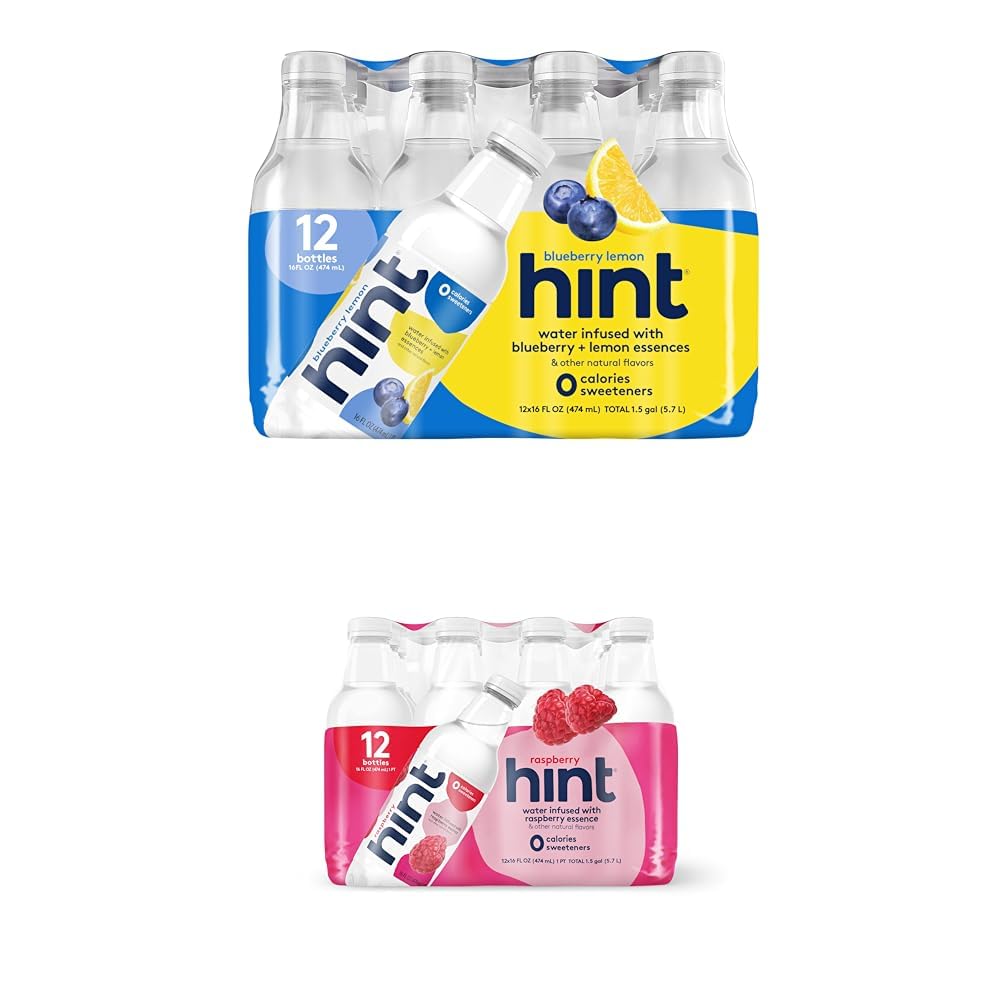 Hint Water Blueberry Lemon And Raspberry (Pack Of 24), 12 Bottles Of Blueberry Lemon & 12 Bottles Of Hint Raspberry, Zero Calories, Zero Sugar, And Zero Sweeteners