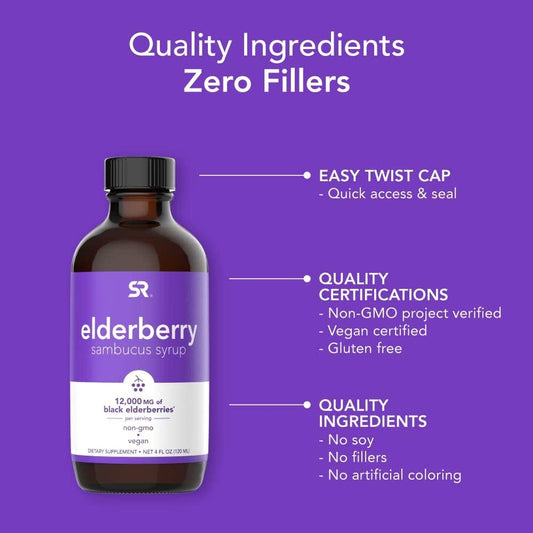 Sports Research Elderberry Syrup For Immune Support - High Flavonoid - Non-Gmo, Vegan - No Alcohol - Equivalent To 12,000Mg Of Black Elderberries Per Serving (4Oz)