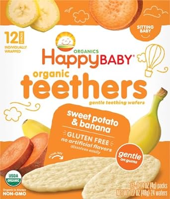 Happy Baby Organic Teethers, Banana and Sweet Potato, Gentle Teething Wafers, Packets, Soothing Rice Cookies for Teething Babies, 2 Count per pack, 12 Count per box, 1.7 Ounce