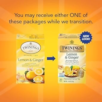 Twinings Lemon & Ginger Individually Wrapped Herbal Tea Bags, 20 Count (Pack Of 6), Tangy Lemon, Spicy Ginger, Caffeine Free, Enjoy Hot Or Iced