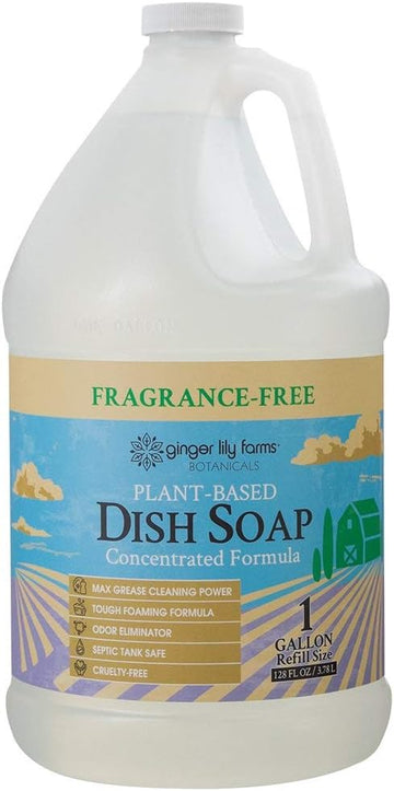 Ginger Lily Farms Botanicals Plant-Based Liquid Dish Soap, Concentrated Formula with Max Grease Cleaning Power, Cruelty-Free, Fragrance-Free, 1 Gallon Refill (128 Fl. Oz.), Clear