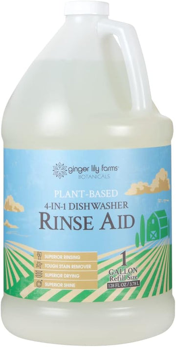 Ginger Lily Farms Botanicals Plant-Based 4-In-1 Dishwasher Rinse Aid, 100% Vegan & Cruelty-Free, Fragrance-Free, 1 Gallon (128 fl oz) Refill, 128.00 Fl Oz (Pack of 1)