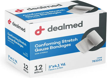 Dealmed 3" Non-Sterile Conforming Stretch Gauze Bandages, 4.1 Yards Latex Free Stretched Dressing Wrap, Medical Non-Adherent Wound Care Mesh Bandages (Box Of 12 Rolls)