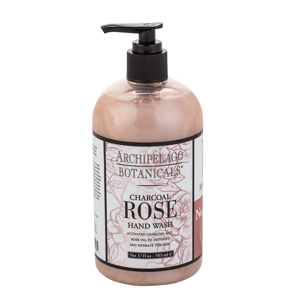 Archipelago Botanicals Charcoal Rose Liquid Hand Soap, Moisturizing Daily Hand Wash With Soap Pump, Kitchen Or Bathroom Hand Soap, 17.0 Fl. Oz