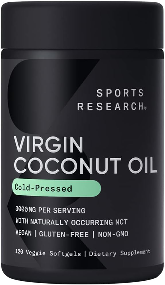 Sports Research? Organic Coconut Oil Capsules 3000MG - Cold Pressed Extra Virgin Coconut Oil with Medium Chain Triglycerides (MCTs) - Vegan Friendly & Non-GMO Verified - 120 Softgels