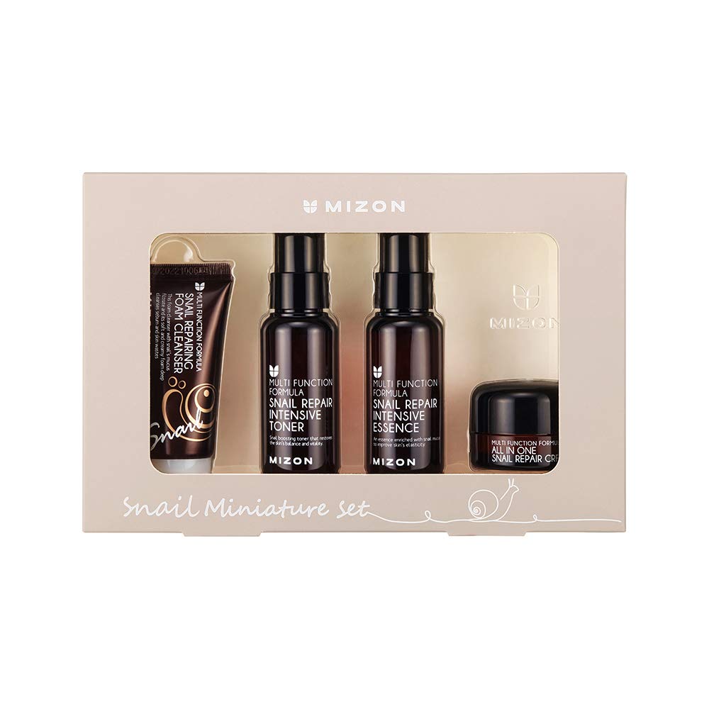 Mizon Snail Line Set, Korean Snail Skincare Essentials Set, Mini Sized Snail Foam Cleanser, Toner, Essence, And All In One Facial Cream To Improve Skin Tone, Fine Wrinkles, Smooth, Moisturize