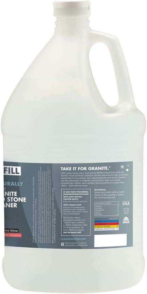 BETTER LIFE Granite Cleaner and Polish - Stone Countertop Cleaner for Marble, Quartz, Slate, Concrete Surfaces or Floors - Streak-Free Granite Stain Remover - 1 Gal Refill, Pomegranate & Grapefruit