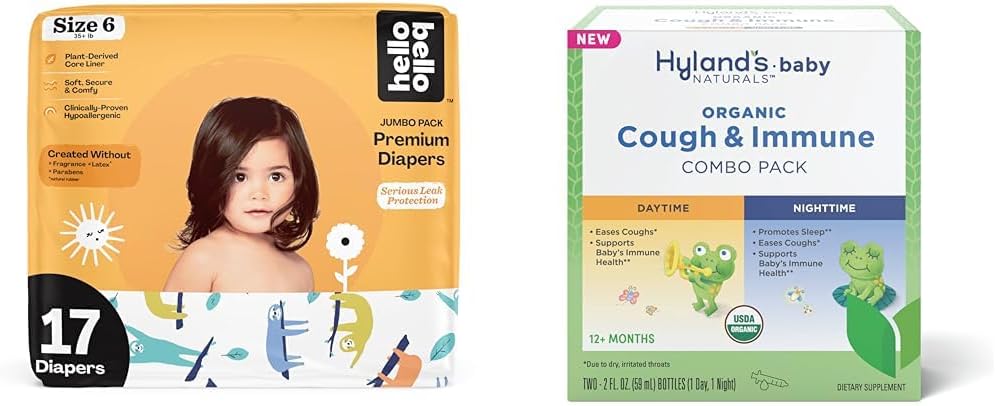 Hello Bello Premium Baby Diapers Size 6, 17 Count of Disposable Comfort Fit Diapers - Design: Sleepy Sloth + Hyland's Baby - Organic Cough & Immune Day & Night Combo Pack (4 fl oz) : Baby