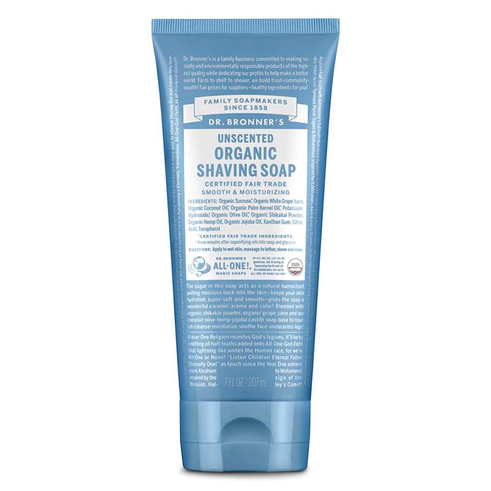 Dr. Bronner'S - Organic Shaving Soap (Unscented, 7 Ounce) - Certified Organic, Sugar And Shikakai Powder, Soothes And Moisturizes For Close Comfortable Shave, Use On Face, Underarms And Legs