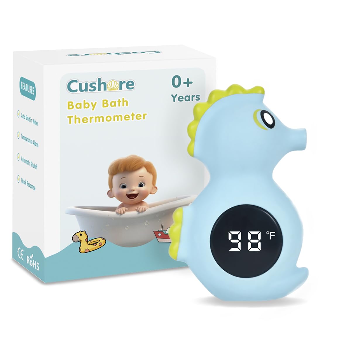 Baby Bath Thermometer Safety, Auto ON/Off Waterproof Bathtub Thermometer, Digital Shower Water Temperature Sensor, Bathtub Floating Toy, Seahorse