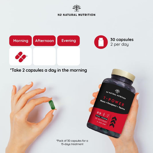 T-Power Natural Supplements For Men. Maca Root, Zinc, Gingseng, Fenugreek, L-Taurine, Black Pepper. Mood Stimulant + Endurance + Energy. Pre Workout. 30 Capsules. Vegan. N2 Natural Nutrition