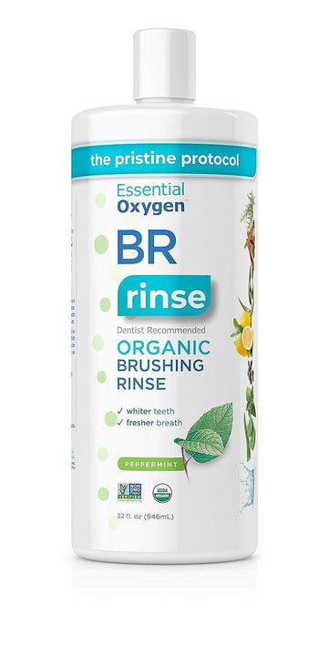 Essential Oxygen Certified BR Organic Brushing Rinse, All Natural Mouthwash for Whiter Teeth, Fresher Breath, and Happier Gums, Alcohol-Free Oral Care, Peppermint, 32 Ounce