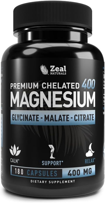 Premium Chelated Magnesium Glycinate, Malate, Citrate (400Mg | 180 Capsules) Triple Blend Magnesium Complex W. Magnesium Malate Magnesium Glycinate And Magnesium Citrate