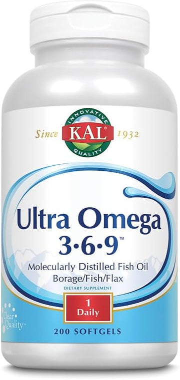 Kal Ultra Omega 3-6-9 1200Mg | Fish Oil W/Cold Pressed Flaxseed & Borage Oil | Skin, Hair, Heart, Memory | 200 Softgels