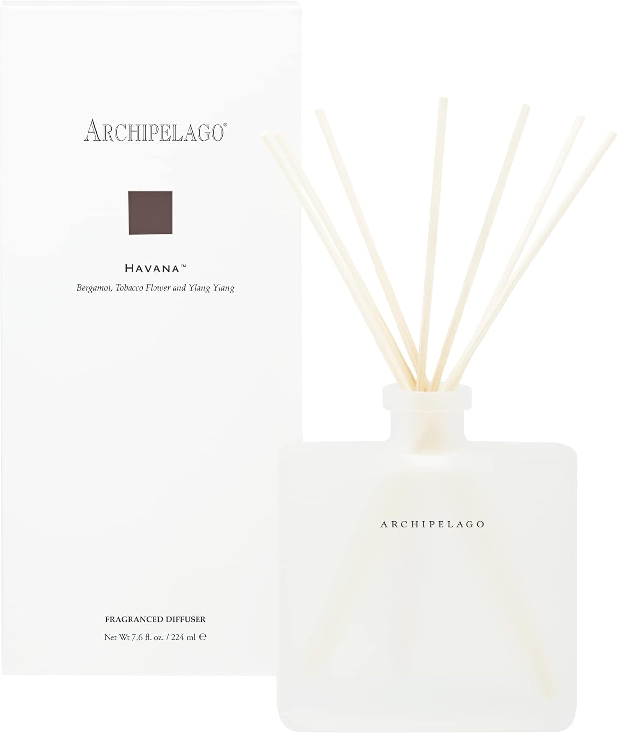 Archipelago Botanicals Havana Reed Diffuser. Includes Fragrance Oil, Frosted Glass Vessel and 10 Natural Diffuser Reeds. Perfect for Home, Office or a Gift (7.85 fl oz)