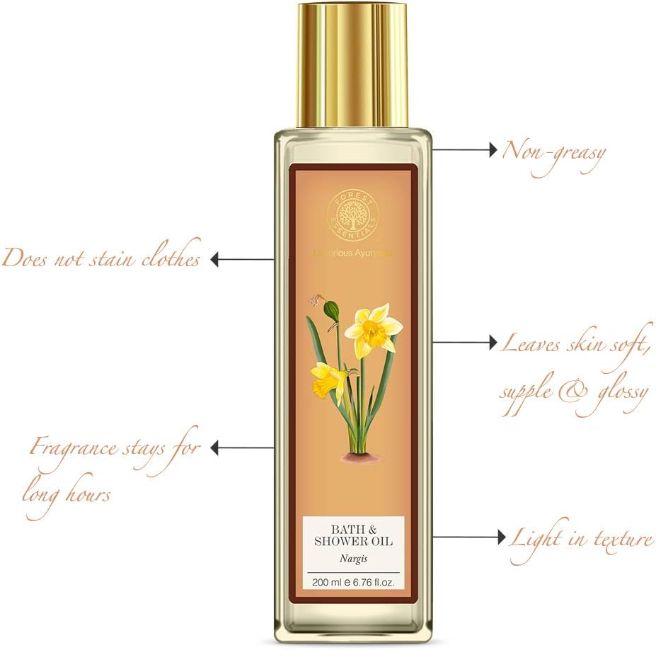 Forest Essentials Nargis Moisture Replenishing Bath And Shower Oil, 200Ml : Beauty & Personal Care