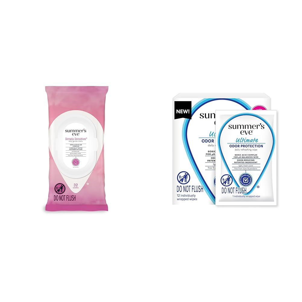 Summer'S Eve Simply Sensitive 32Ct & Ultimate Odor Control 12Ct Feminine Wipes Bundle, Removes Odor, Ph Balanced