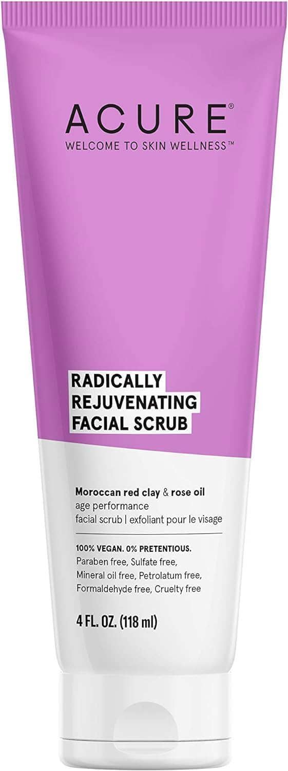 Acure Radically Rejuvenating Facial Scrub - Anti-Aging Support Face Scrub - Mild Exfoliation - Moroccan Red Clay & Rose Oil Extract - Hydrate,Toning & Moisturize - 4 Fl Oz