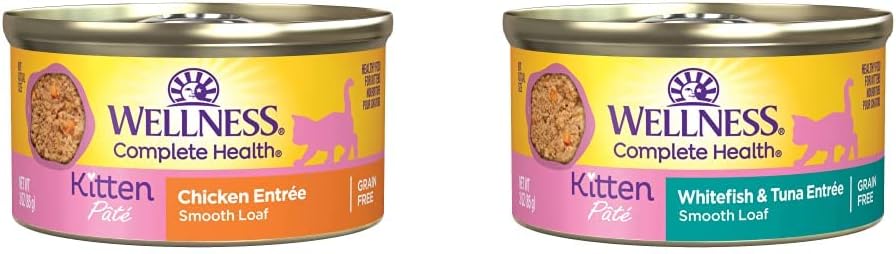 Wellness Complete Health Kitten Canned Wet Cat Food Bundle: Chicken Pate, 3 Ounces (Pack of 24) + Whitefish & Tuna Pate, 3 Ounce Can (Pack of 24) : Pet Supplies