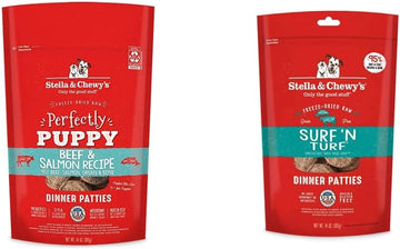 Stella & Chewy'S Freeze Dried Raw Dinner Patties – 14 Oz Bag & Freeze Dried Raw Dinner Patties – Grain Free Dog Food, Protein Rich Surf ‘N Turf Salmon & Beef Recipe – 14 Oz Bag