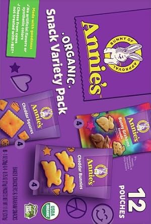 Annie'S Organic Variety Pack, Cheddar Bunnies, Bunny Grahams And Cheddar Squares, 12 Pouches, 11 Oz