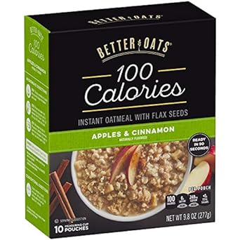 Better Oats 100 Calorie Apples and Cinnamon Oatmeal Packets, 100 Calorie Oatmeal Pouches with Flax Seeds and Natural Apple Cinnamon Flavor, Cooks in 90 Seconds, 10 pouches(Pack of 1), 9.8 OZ Pack