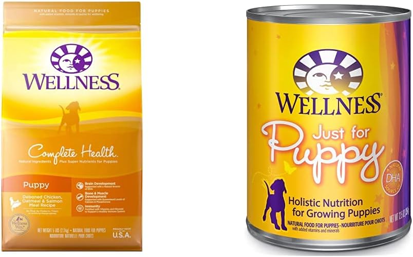 Wellness Complete Health Dry Puppy Food, Chicken, Salmon & Oatmeal, 5 Pound Bag Wet Puppy Food, Chicken & Salmon, 12 Cans, 12.5 Ounce Can