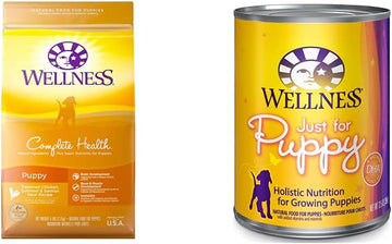 Wellness Complete Health Dry Puppy Food, Chicken, Salmon & Oatmeal, 5 Pound Bag Wet Puppy Food, Chicken & Salmon, 12 Cans, 12.5 Ounce Can