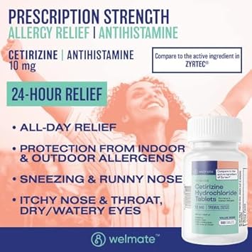 Welmate | Allergy Relief | Cetirizine Hcl 10 Mg | 24Hr Support | Antihistamine | Pollen | Hay Fever | Dry & Itchy Eyes | Itchy Nose Or Throat | Indoor & Outdoor Allergy Medication | 500 Ct