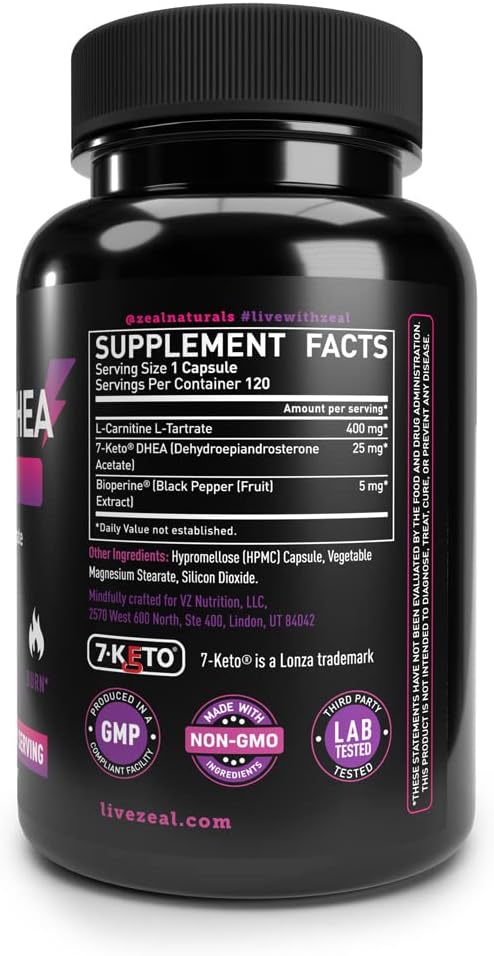 Zeal Naturals 7-Keto DHEA Complex with L-Carnitine & L-Tartrate | + BioPerine | Energy & Focus Support, Burn | 430mg per Serving | 4-Month Supply