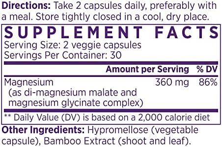 NAOMI Mighty Mg Magnesium Glycinate & Malate Complex 360mg, High Absorption Formula, Elemental Magnesium Supports Heart Health, Strong Bones, Better Sleep, Gluten-Free, Non-GMO, Vegan, 60 Veggie Caps