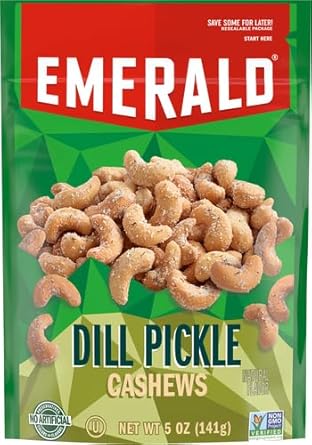 Emerald Nuts Dill Pickle Seasoned Cashews (1-Pack), 5Oz Resealable Bag, Non-Gmo, Contains No Artificial Preservatives, Flavors Or Synthetic Colors