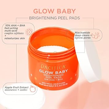 Pacifica Beauty, Glow Baby Brightening Peel Pads 10 Percent AHA And BHA, 60 Pc, Brightens And Exfoliates, For All Skin Types, Fragrance Free, Clean Skin Care, Vegan and Cruelty Free