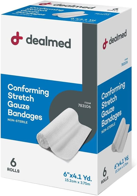 Dealmed 6" Non-Sterile Conforming Stretch Gauze Bandages, 4.1 Yards Latex Free Stretched Dressing Wrap, Medical Non-Adherent Wound Care Mesh Bandages (Case Of 48 Rolls)