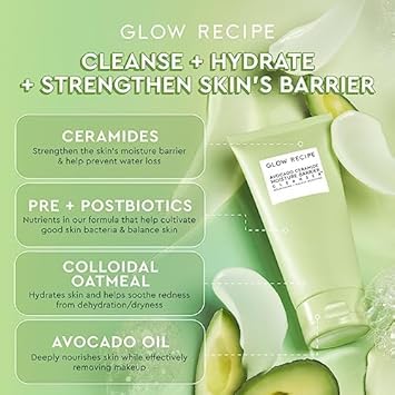 Glow Recipe Avocado Ceramide Moisture Barrier Face Cleanser - Hydrating Facial Cleanser For Dry Skin - Daily Makeup Remover & Gentle Face Wash With Avocado Oil For Skin Barrier Repair (150Ml)