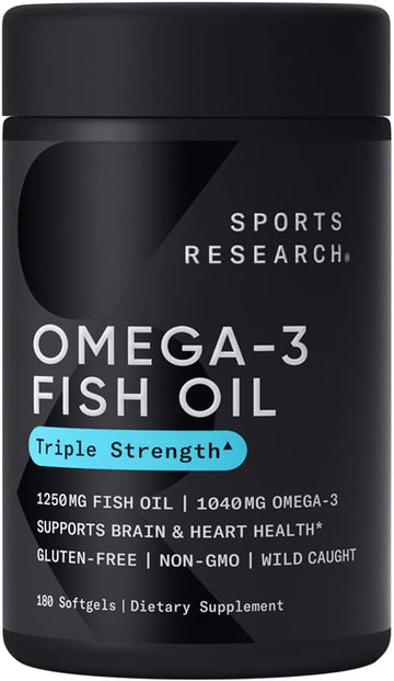 Sports Research Triple Strength Omega 3 Fish Oil - Burpless Fish Oil Supplement w/EPA & DHA Fatty Acids from Single-Source Wild Alaskan Pollock - 1250 mg, 180 ct