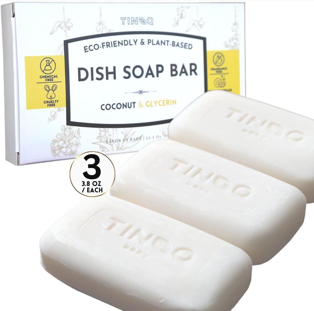 Organic Dish Soap Bar 3Pcs - Coconut Kitchen Soap, Safe for Sensitive Skin, Plastic-Free - Solid Dishwashing Bars, Bulk, Travel-Friendly, Zero Waste