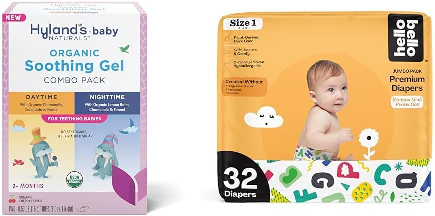 Hyland's Baby - Organic Day/Night Soothing Gel Combo Pack, Natural Relief of Oral Discomfort (2 Tubes of 0.53 oz.) + Hello Bello Premium Baby Diapers Size 1, 32 Count : Baby