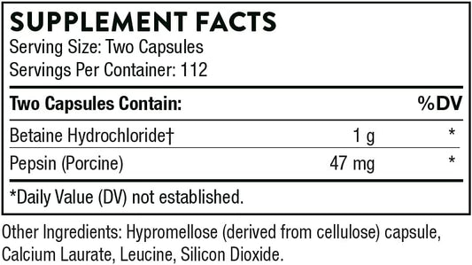 Thorne Betaine Hcl & Pepsin - Digestive Enzymes For Protein Breakdown And Absorption - 225 Capsules