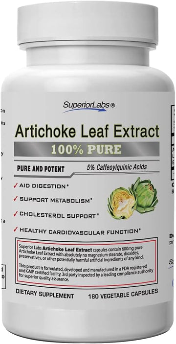 Superior Labs ? Organic Artichoke Leaf Extract NonGMO Powerful 5% Caffeoylquinic Natural Dietary Supplement to Support Healthy Metabolism, Digestion, Antioxidant, ? 600 mg Dosage ? 180 Veg Caps