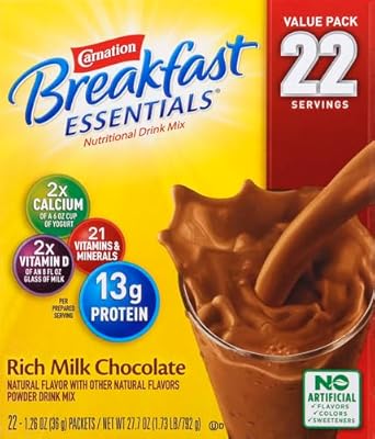 Carnation Breakfast Essentials Powder Drink Mix, Rich Milk Chocolate,1.26 Ounce (Pack Of 22), (Packaging May Vary)