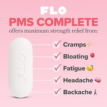 Flo Pms Complete Tablets, Menstrual Pain Relief For Women, 24 Count (1 Pack) - Multi-Symptom Pain Reliever With Acetaminophen, Caffeine, & Pyrilamine Maleate For Cramps, Headaches, Backaches, Bloating