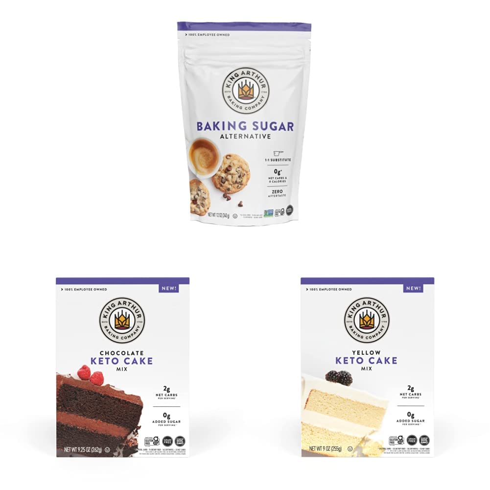 King Arthur Baking Company Keto Cake Bundle, Contains One of Each: Yellow Keto Cake Mix 9 Ounce Box, Chocolate Keto Cake Mix 9.25 Ounce Box, Baking Sugar Alternative 12 Ounce Bag